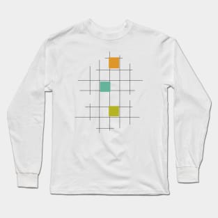 Turquise Green and Orange Squares and Lines Long Sleeve T-Shirt